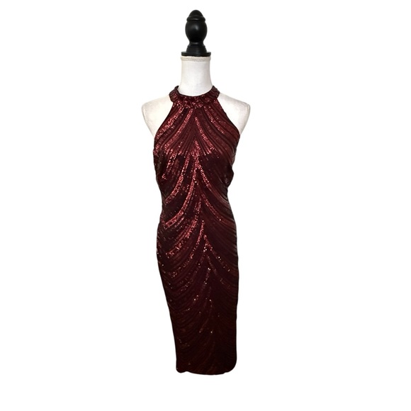 Fashion Nova Black Maroon Sequin Sleeveless Long Evening Dress Size XL - Picture 2 of 9